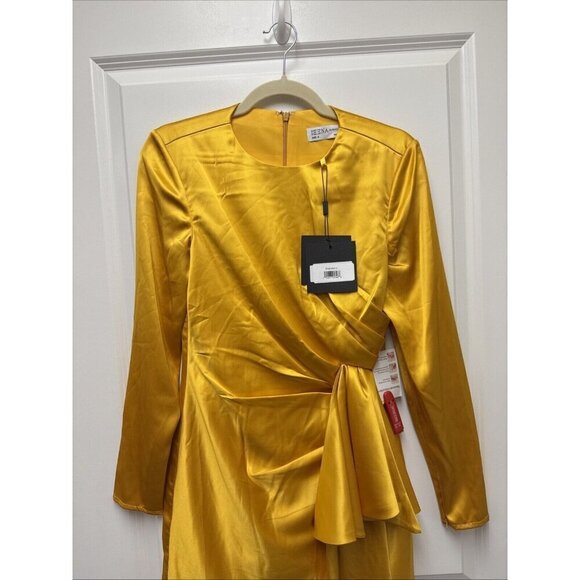 Mac Duggal Size 4 Yellow 70152 Asymmetric Hem Mini Cocktail Dress Long Sleeve - Picture 5 of 14